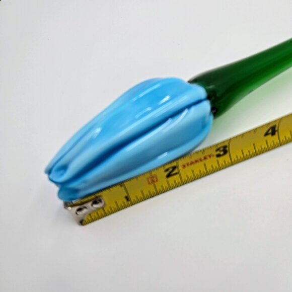 Art Glass Hand Blown Flower Blue Long Green Stem Flower With Leaf Stem Read - Picture 12 of 16